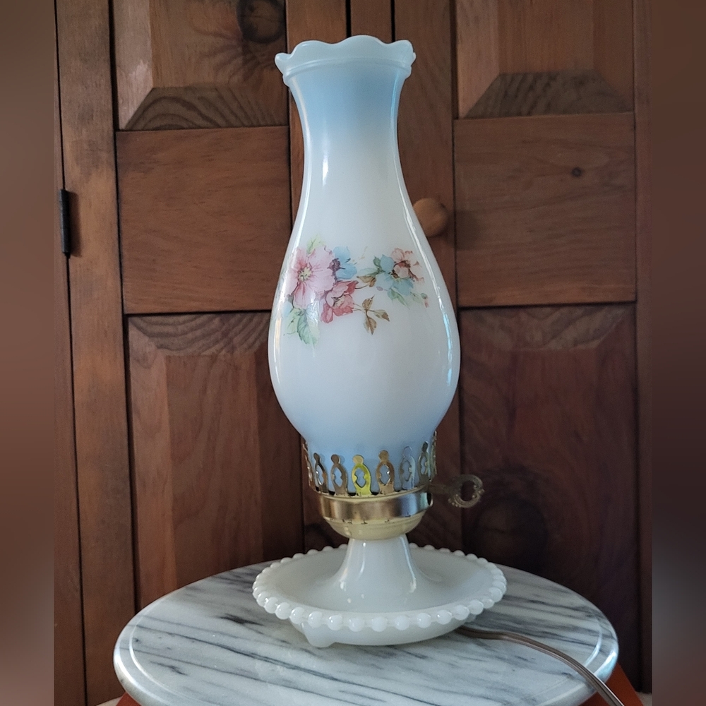 Floral Blued Milk Glass Lamp
